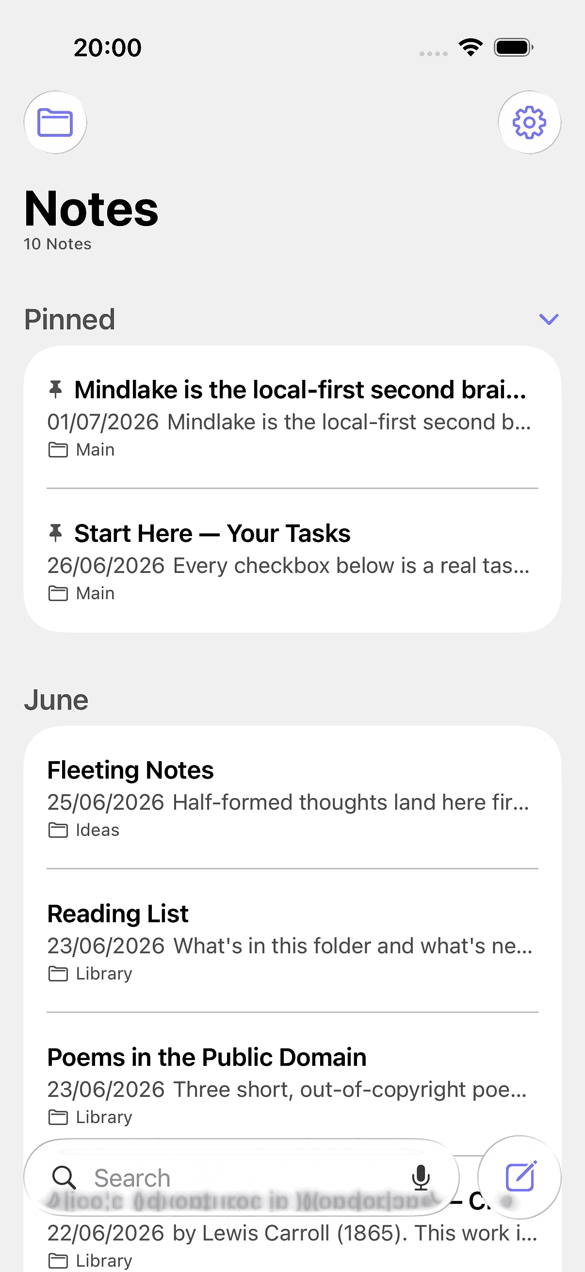 MindLake on iPhone, showing the notes list
