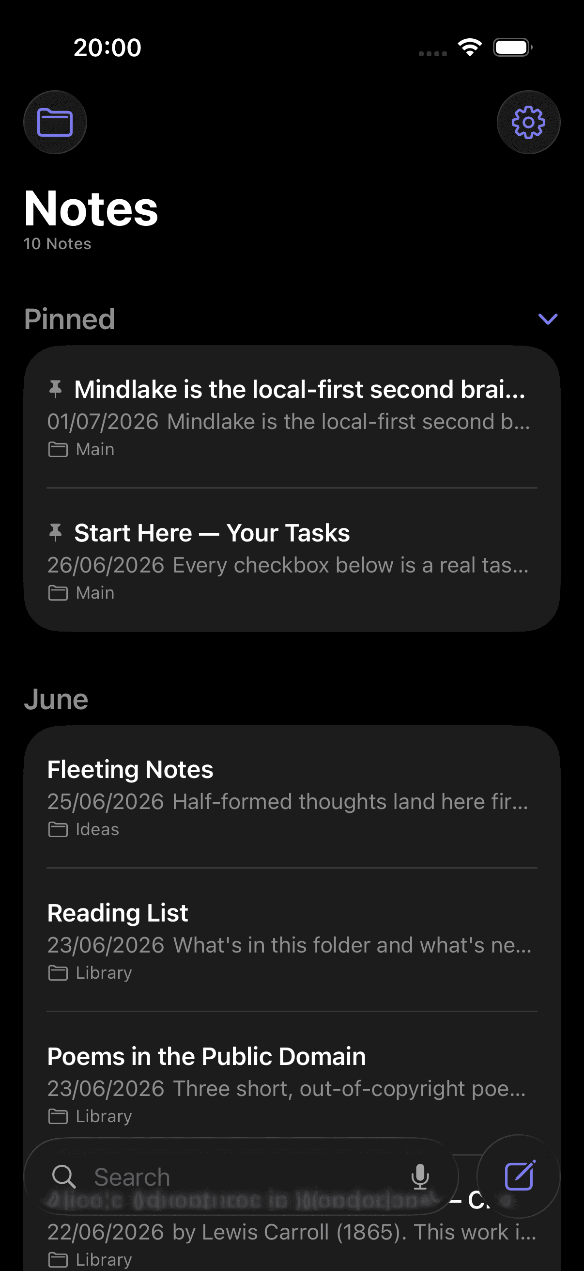 MindLake on iPhone, showing the notes list